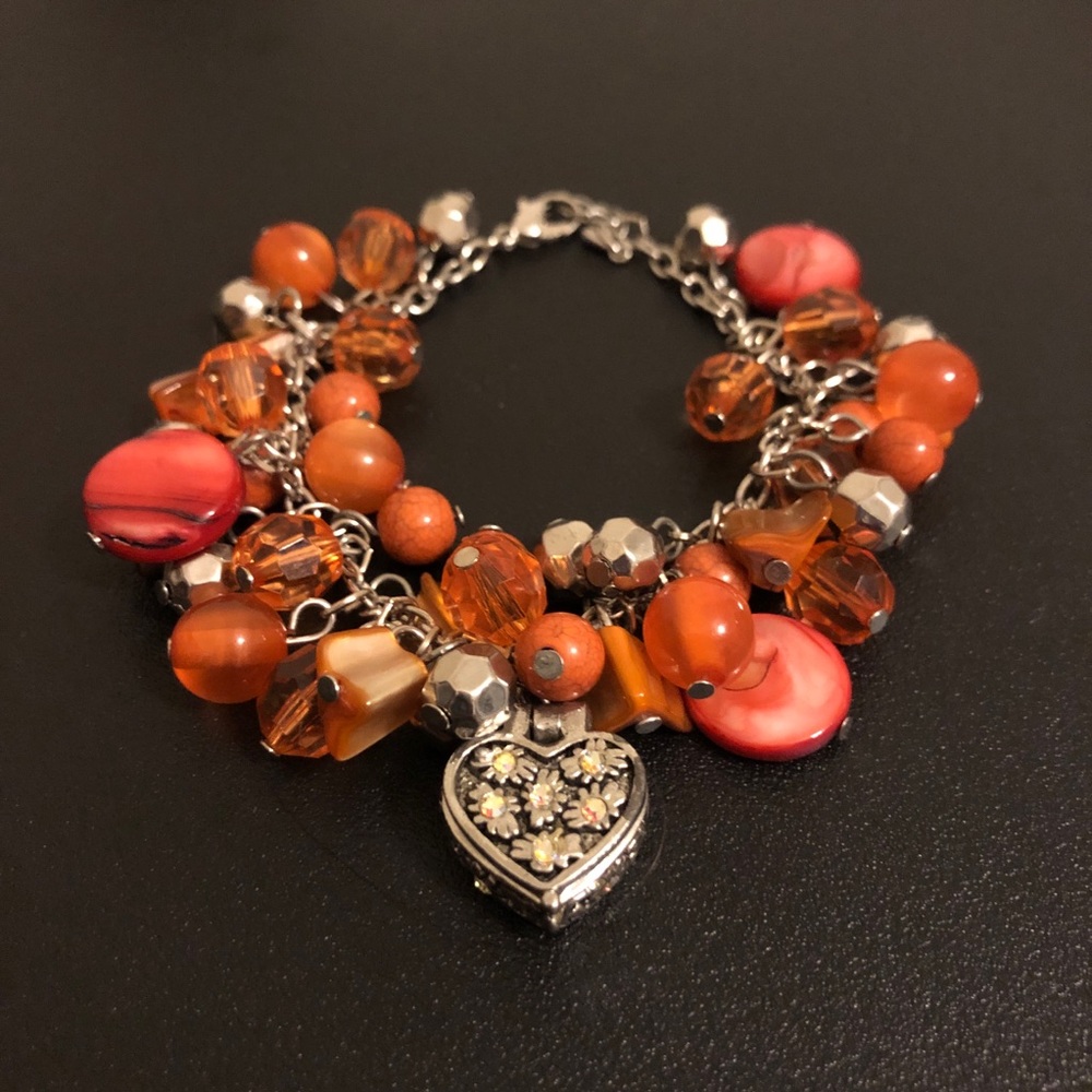 Orange Beaded Charm Bracelet with Heart Locket